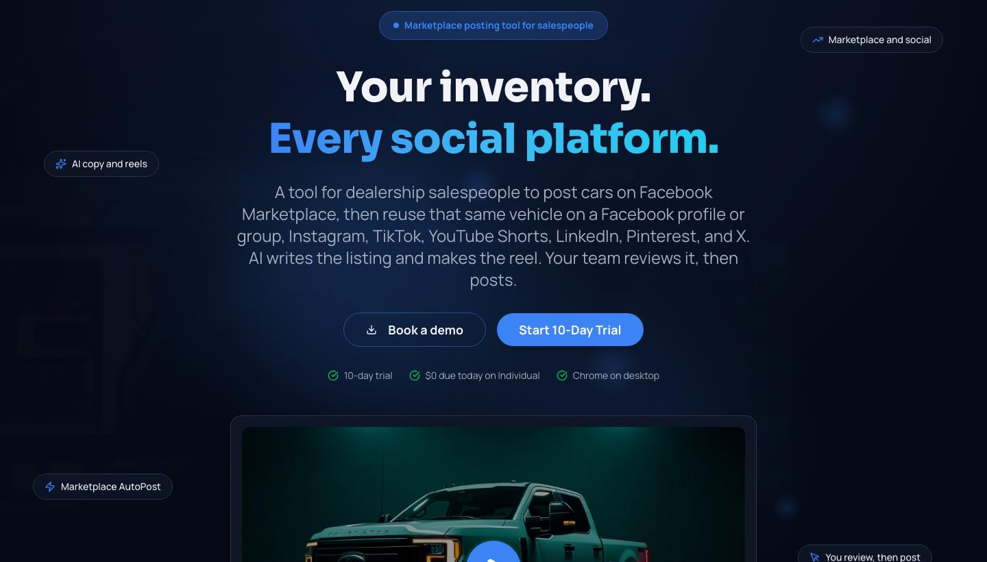 Marketplace Listing Tool page, with the headline Your inventory, every social platform