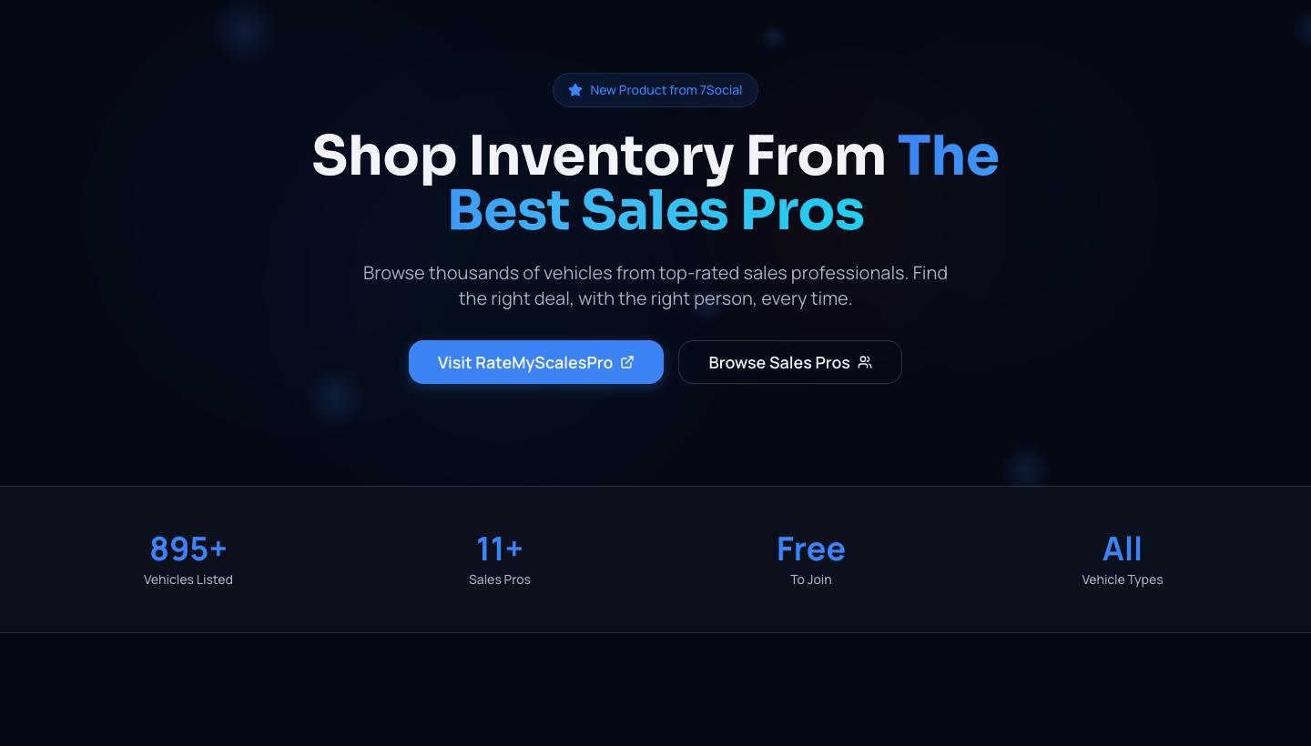 Rate My Sales Pro page, with the headline Shop inventory from the best sales pros